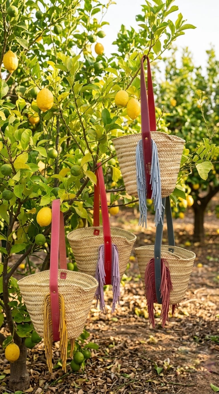 Cuatro cestas Apache de palma, con asas de piel y flecos de colores, colgadas de un limonero.